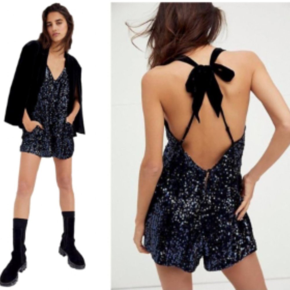 Free People Sparkle And Shine Sequin Halter Romper NEW